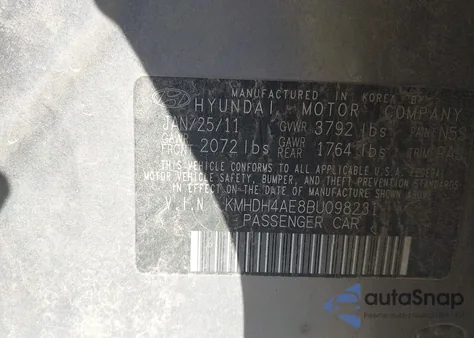 2011 Hyundai Elantra Gls (Ulsan Plant) from USA, damaged, VIN KMHDH4AE8BU098231
